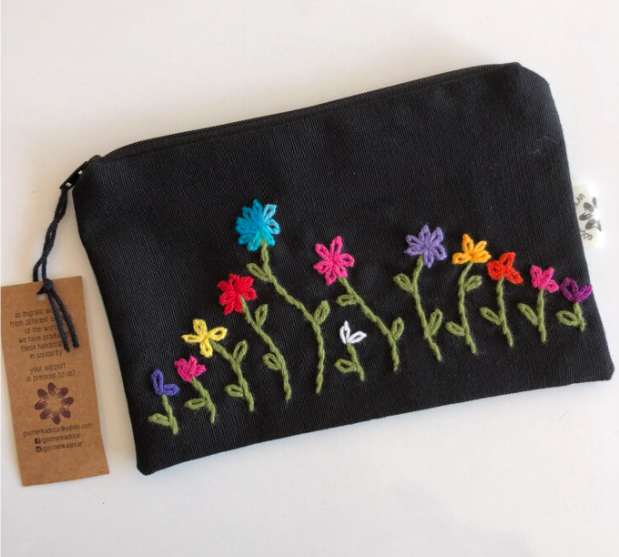 Hand-Embroidered Floral Pouch